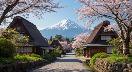 Stunning Mount Fuji View with Cherry Blossoms and Japanese Village