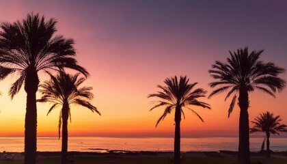 Obraz premium Multiple palm trees create striking silhouettes as the sun rises, painting the sky in hues of orange and pink. A peaceful moment on the beach, inviting feelings of escape and tranquility
