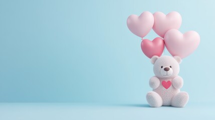 Fototapeta premium Cute bear holding heart-shaped balloons for Valentine's Day celebration in a light blue background, perfect for expressing love and affection during the romantic holiday