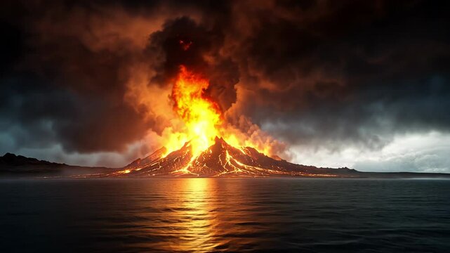 A fiery volcano with lava flowing into the sea. In the background, the island is barely visible, covered in dark volcanic ash.