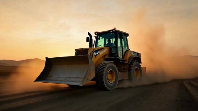 Excavator digging on a hillside with soil flying in the air, shot from a low angle.