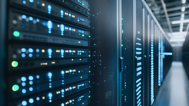 Server Room Data Center: Rows of powerful servers hum with activity in a modern data center, showcasing the intricate network infrastructure and technological advancement.  