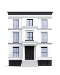 Fototapeta premium Detailed architectural drafting of a modern white building with a symmetrical facade, large windows, and elegant entrance steps created digitally
