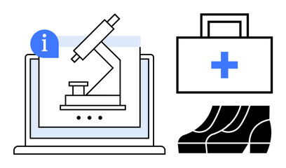 Laptop displaying a microscope icon, a first aid kit, and a pair of shoes. Ideal for medical research, digital health, online learning, telemedicine, healthcare apps, clinical practice virtual