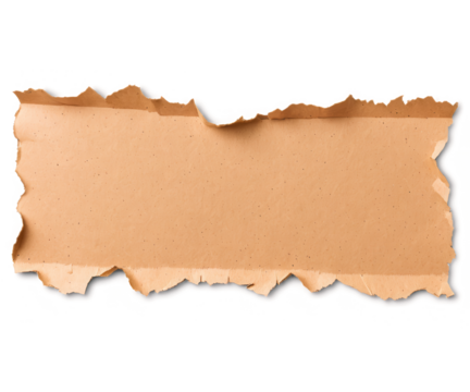 A piece of torn brown paper with jagged edges, showing the rough texture, floating on a transparent background