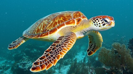 Fototapeta premium This breathtaking moment captures a sea turtle swimming peacefully near a thriving coral reef, showcasing the beauty of underwater life