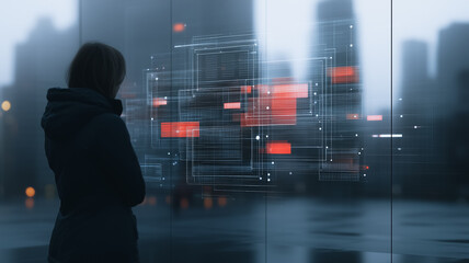 Cyberpunk Cityscape: A woman, silhouetted against a futuristic cityscape, gazes at a holographic interface displaying data streams and digital information.