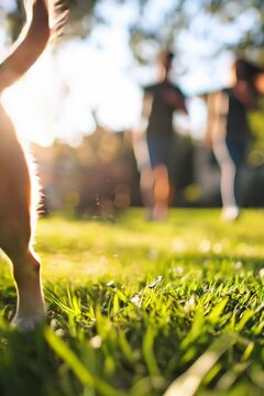 Happy dog running in the garden with owners