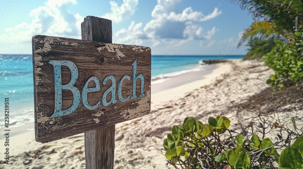 Poster Rustic signpost reading Beach stands at the edge of a pristine shoreline, with gentle waves lapping against the sand under a bright blue sky filled with fluffy clouds