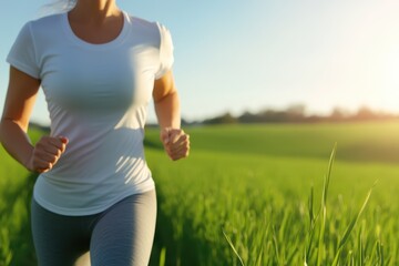 Woman exercises outdoors during sunrise in a grassy field, showcasing dedication and fitness with focused energy, highlighting the beauty of nature and a healthy lifestyle