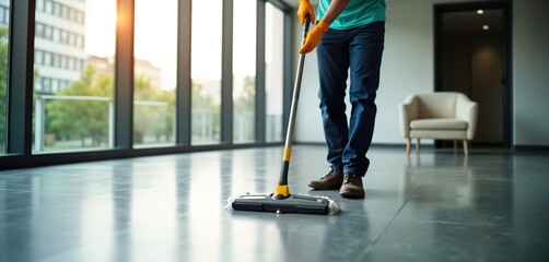 Pro cleaning service. Person wearing teal shirt, dark blue jeans cleans modern office floor with mop. Interior view with big windows shows cityscapes. Modern office setting. Commercial cleaning.