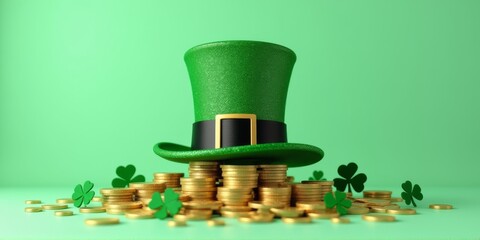 On a green background, a green leprechaun hat lies on gold coins.