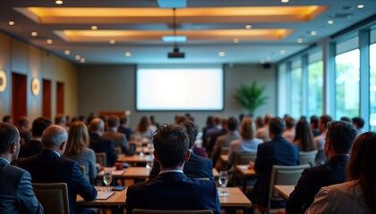 Fototapeta premium Large conference room full of people listening to presentation on big screen. Attendees focused on display. Business people sit in chairs at tables. Professional event. Meeting in progress. Active