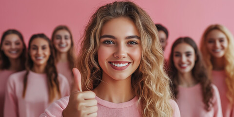 Celebrating friendship group of young women smiling together in pink attire indoor studio setting joyful atmosphere portrait shot empowerment theme
