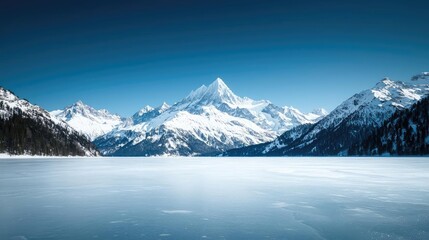 Frozen lake nature concept. A stunning winter landscape featuring majestic snow-covered mountains and a frozen lake.