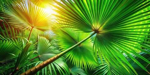 Lush spring palm leaves, vibrant green, 4K macro detail, abstract background.  Bushy palm close-up.