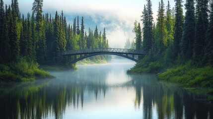 Obraz premium scenic morning shot of a bridge crossing a river surrounded by tall trees and mist.