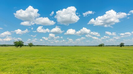 Fototapeta premium Summer Meadow Landscape Lush green field under a vibrant blue sky with fluffy white clouds. Ideal for travel brochures