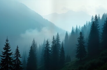 Fototapeta premium Misty mountain landscape with dense forest. Thick fog covers valley creating mysterious atmosphere. Tall pine trees dominate scene. Scenic misty view in nature park. Serene morning in nature. Perfect
