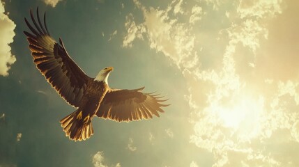 Obraz premium Majestic eagle soars through the sky during a bright sunset, displaying its powerful wings and sharp gaze