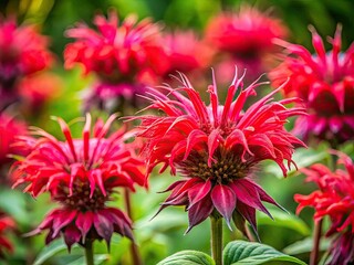 Macro view of vibrant red 'Grand Parade' Bee Balm (Monarda Didyma 'ACrade') blooms, showcasing their garden beauty.
