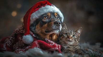 Obraz premium A dog and cat sitting together, dressed in Christmas with a red hat 