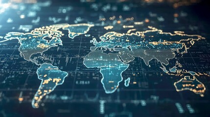 Digital World Map: Global Network, Connectivity, and Data Visualization