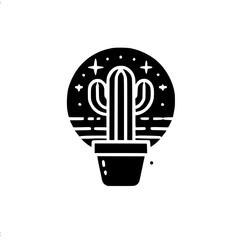 Potted Cactus under the Night Sky: Minimalist Black and White Botanical Illustration