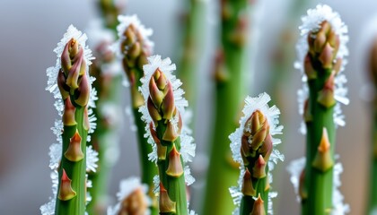 Naklejka premium Frost-Covered Asparagus Tips in Winter