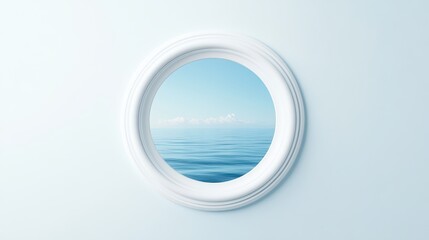 Yachts porthole with a stunning view of calm ocean waters and a clear sky, perfect for maritime enthusiasts seeking tranquility at sea