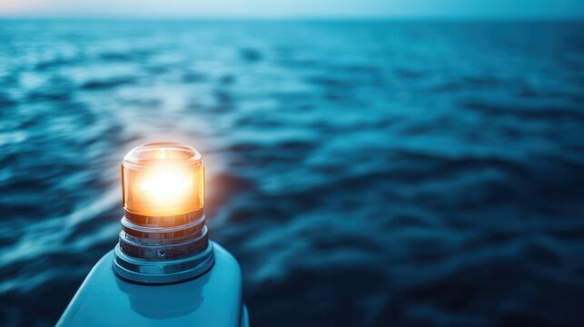 As the sun sets and the sky begins to darken, the navigational lights of a yacht shine brilliantly, casting a warm glow over the serene, calm waters of the ocean