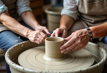 Senior adults create pottery together. Work hand-in-hand on pottery wheel. Concentrating on craft. Bonding over shared creative hobby. Learning, making cup. Relaxing in workshop setting. Engaged in
