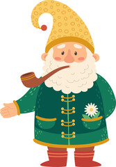Cartoon garden gnome wearing a green coat and yellow hat, smoking a pipe while holding a hand out in a welcoming gesture, with a charming white flower tucked in the pocket