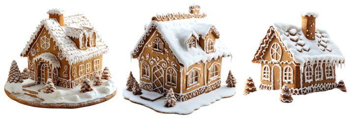 Three Exquisite Gingerbread Houses, Festive Christmas Treats, Winter Wonderland Bakery Delights set isolated on transparent background