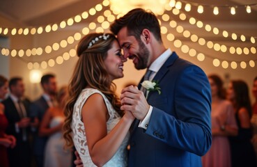 Happy bride, groom dance together at wedding party. Holding hands, smiling. Wedding venue decorated with fairy lights. Many guests watching. Happy, romantic wedding celebration. Couple expresses