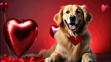 A golden retriever celebrates love with heart decorations in a vibrant red setting during a joyful occasion - Powered by Adobe