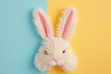 Obraz premium A rabbit made of yarn is sitting on a yellow background