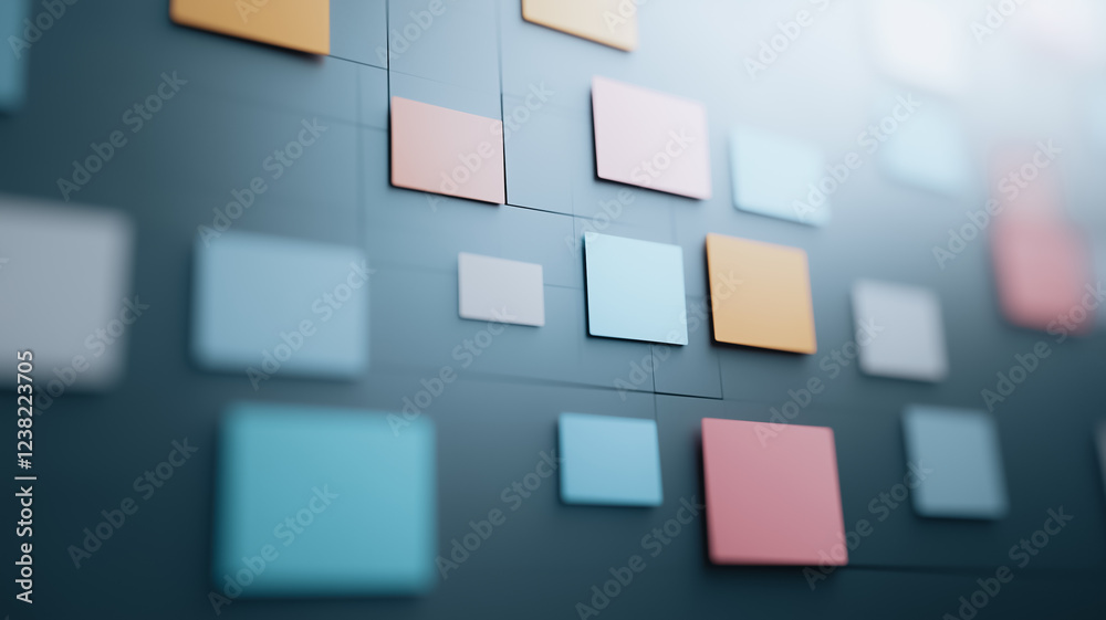 Poster abstract blocks: a close-up of a wall of colorful and varied sized abstract blocks arranged in a gri