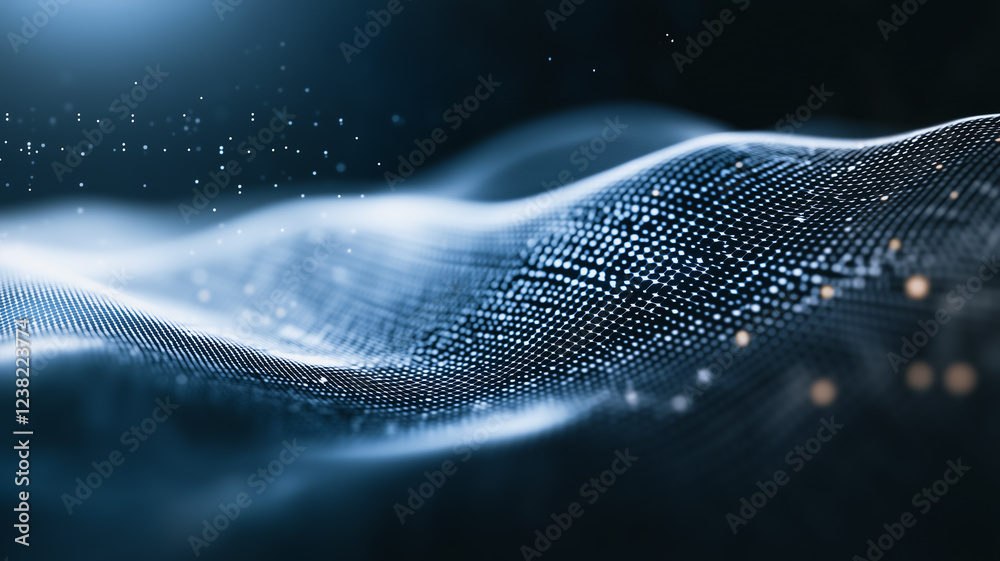 Poster digital wave: abstract rendering of a dynamic data wave, composed of glowing particles and intricate