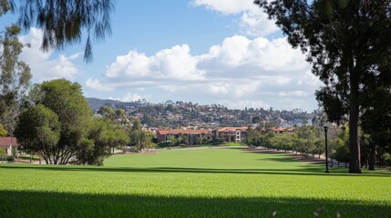 serene afternoon in a city park, with wide green lawns surrounded by trees and gentle hills