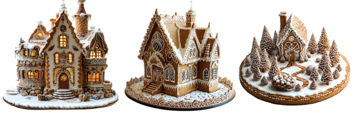 Three Exquisitely Decorated Gingerbread Houses Festive Holiday Treats set isolated on transparent background