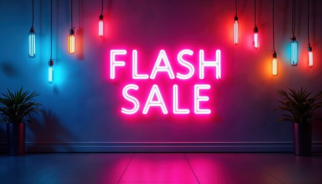 Neon flash sale sign illuminates colorful wall at night. Vibrant light display advertises limited-time offers. Colorful lights create trendy atmosphere. Modern design attracts customers for shopping - Powered by Adobe