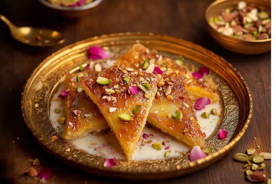 Indian Dessert Shahi Tukda on a Royal Golden Plate with Rabdi, Nuts, and Rose Petals