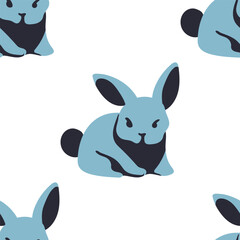 Blue rabbit vector cartoon seamless pattern on a white background.