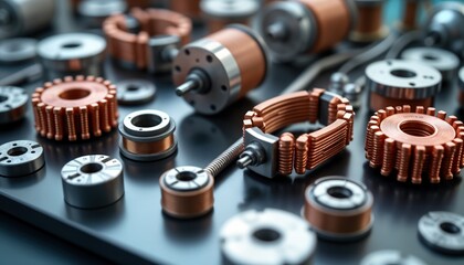 Close-up view of various electric motor components. Copper coils, metal parts displayed on dark surface. Spare parts for motor maintenance, repair shown. Industrial machinery components pictured for