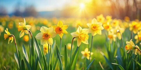 Vibrant yellow daffodil flowers sway gently in the breeze amidst a sea of green grass and wildflowers in a picturesque field on a sunny day, spring, yellow