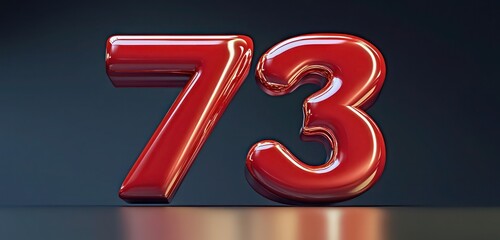 Vivid red 3D letter "73" with a smooth reflective surface on a dark background