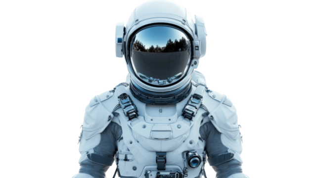 Astronaut wearing advanced spacesuit posing on transparent background