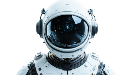 Astronaut wearing futuristic helmet with hud displaying data on transparent background