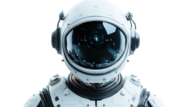 Astronaut wearing futuristic helmet with hud displaying data on transparent background - Powered by Adobe